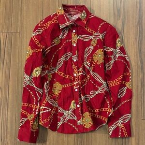 Talbots Red Button Down Shirt with Gold Chain Print